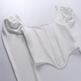 Retro Square Neck Puff Long Sleeve Herringbone Corset Crop Top