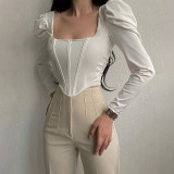 Retro Square Neck Puff Long Sleeve Herringbone Corset Crop Top