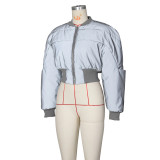Fashionable Round Neck Long Sleeve Zipper Waist-Tied Warm Casual Reflective Cotton Jacket