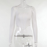 Retro Square Neck Puff Long Sleeve Herringbone Corset Crop Top