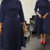 2023 women office dress african plus size solid color pleated midi dress elegant casual party dress ladies wear