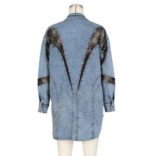 Autumn Fashion Women's Lace Split Splicing Shirt Denim Jacket
