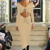 Long-sleeved Wrap-around Crop Top and Skirt Knit Set