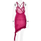 Asymmetrical Lace V-Neck Sheer Back and Ruffle Mini Dress