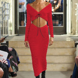 Long-sleeved Wrap-around Crop Top and Skirt Knit Set