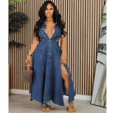 Fashion Colorful Tie-dye Deep V Loose Slit Hem Denim Dresses