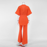 Cotton Short-Sleeved Long Pants Two-Piece Set with Belt