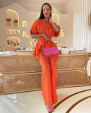 Cotton Short-Sleeved Long Pants Two-Piece Set with Belt