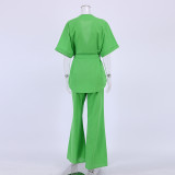 Cotton Short-Sleeved Long Pants Two-Piece Set with Belt