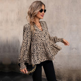 Solid Long Sleeve V Neck Leopard Print Tee