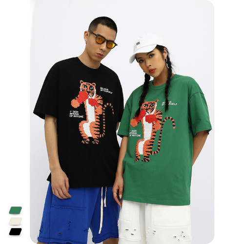 Accept Customized Pattern Cotton Unisex Short Sleeve Fun Anime Tiger Print Loose T-Shirt