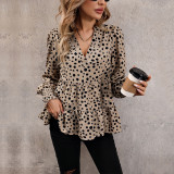 Solid Long Sleeve V Neck Leopard Print Tee