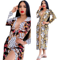 Elegant Printed Hip-hugging Long Sleeve Long Dresses