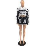 Fashion Printed Buttons Detachable Two Piece Women Cropped Jacket And Mini Skirt Matching Set