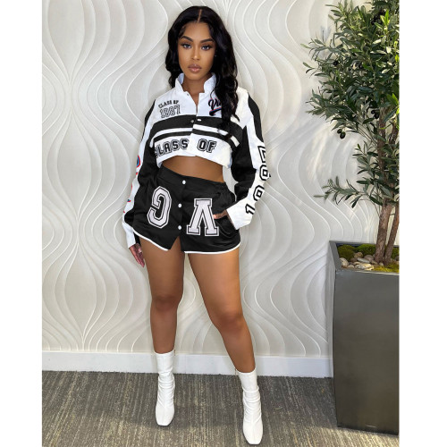 Fashion Printed Buttons Detachable Two Piece Women Cropped Jacket And Mini Skirt Matching Set