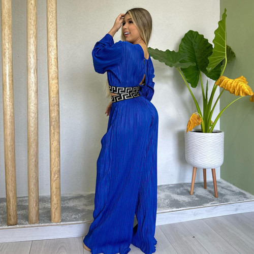 Sweet Pleated V-neck Blouse with Flared Sleeves and Wide Leg Pants Casual Set