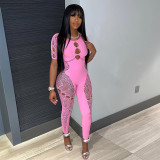 Solid Color Halter Hollow Out Beaded Lace Jumpsuit