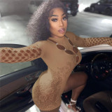 Seductive Mesh Sheer Hollow Out Round Neck Long Sleeve Bodysuit with Tight-Fitting Shorts