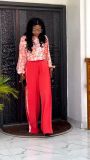 Autumn Half-High Collar Printed Long-Sleeved Shirt with High-Waisted Split Wide-Leg Pants Casual Suit