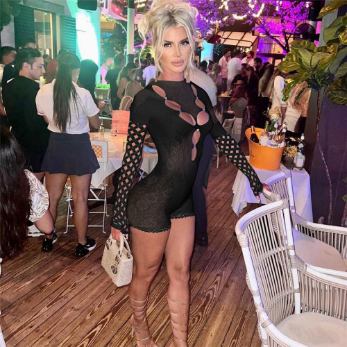 Seductive Mesh Sheer Hollow Out Round Neck Long Sleeve Bodysuit with Tight-Fitting Shorts