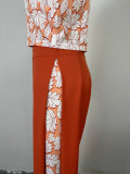 Autumn Half-High Collar Printed Long-Sleeved Shirt with High-Waisted Split Wide-Leg Pants Casual Suit