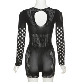 Seductive Mesh Sheer Hollow Out Round Neck Long Sleeve Bodysuit with Tight-Fitting Shorts