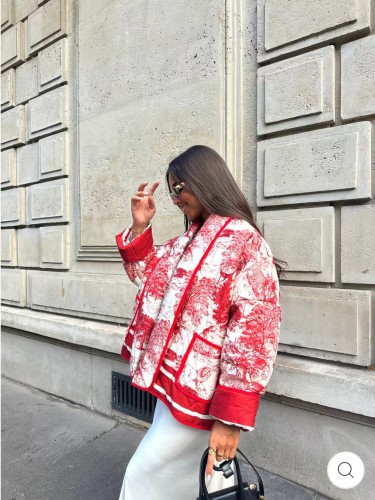 Women Printed Double Pocket Decorated Cotton Padded Jacket