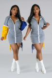 Solid Color Zipper Patchwork Sleeves Pleated Bandage Hoodie Mini Dresses