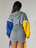 Solid Color Zipper Patchwork Sleeves Pleated Bandage Hoodie Mini Dresses