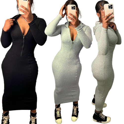Casual Zipper Stitching Hoodie Maxi Dress