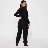 Towel Jacquard Long Sleeve Hooded Sweatshirt Set with Zipper