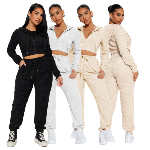 Towel Jacquard Long Sleeve Hooded Sweatshirt Set with Zipper