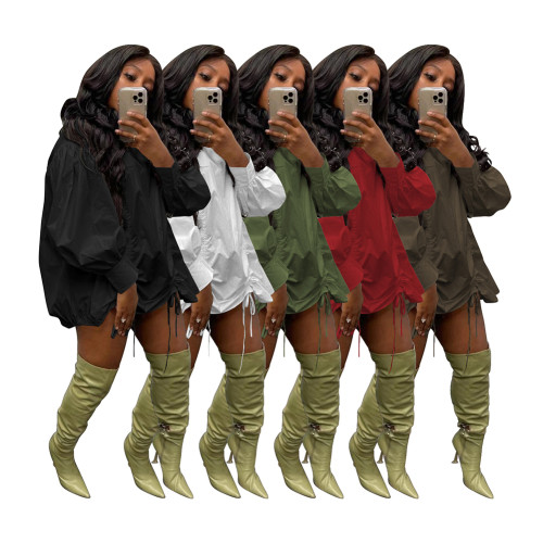 Famous Brand Dress Solid Bandage High Neck Long Sleeve Spring Autumn Casual Loose Mini Dress