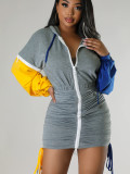 Solid Color Zipper Patchwork Sleeves Pleated Bandage Hoodie Mini Dresses