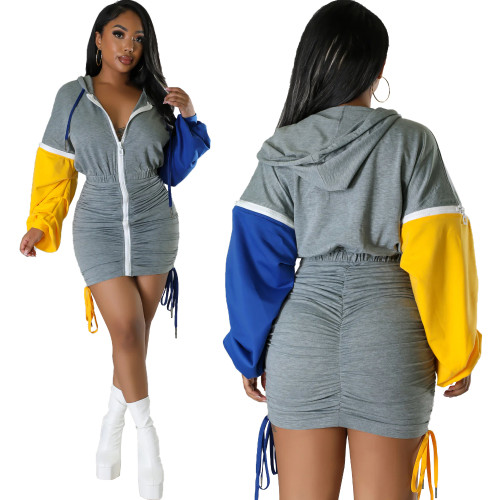 Solid Color Zipper Patchwork Sleeves Pleated Bandage Hoodie Mini Dresses