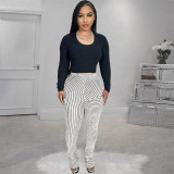 Street Striped Patchwork Regular Mid Waist Patchwork Bottoms