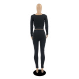 Solid Color Two Piece Yoga Wear Long Pants Long Sleeve Casual Pant Set