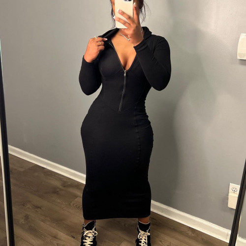 Casual Zipper Stitching Hoodie Maxi Dress