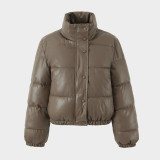 Women's Short PU Leather Jacket with Stand Collar and Warm Cotton Lining