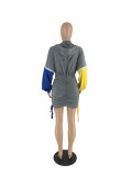 Solid Color Zipper Patchwork Sleeves Pleated Bandage Hoodie Mini Dresses