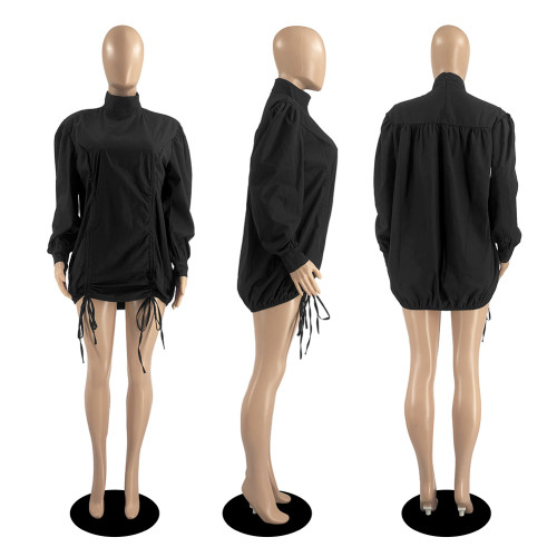 Famous Brand Dress Solid Bandage High Neck Long Sleeve Spring Autumn Casual Loose Mini Dress