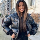 Women's Short PU Leather Jacket with Stand Collar and Warm Cotton Lining