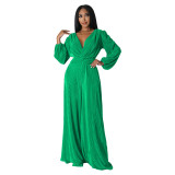 Autumn/Winter V-Neck Pleated Fabric Long Sleeve High-Waisted Wide Leg Jumpsuit