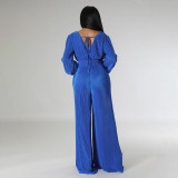 Autumn/Winter V-Neck Pleated Fabric Long Sleeve High-Waisted Wide Leg Jumpsuit