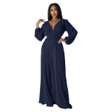 Autumn/Winter V-Neck Pleated Fabric Long Sleeve High-Waisted Wide Leg Jumpsuit