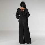 Autumn/Winter V-Neck Pleated Fabric Long Sleeve High-Waisted Wide Leg Jumpsuit