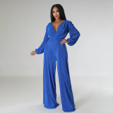 Autumn/Winter V-Neck Pleated Fabric Long Sleeve High-Waisted Wide Leg Jumpsuit