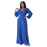 Autumn/Winter V-Neck Pleated Fabric Long Sleeve High-Waisted Wide Leg Jumpsuit