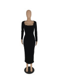 Solid Color High-elastic Striped Low-cut Long Dress