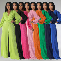 Autumn/Winter V-Neck Pleated Fabric Long Sleeve High-Waisted Wide Leg Jumpsuit Autumn/Winter V-Neck Pleated Fabric Long Sleeve High-Waisted Wide Leg Jumpsuit